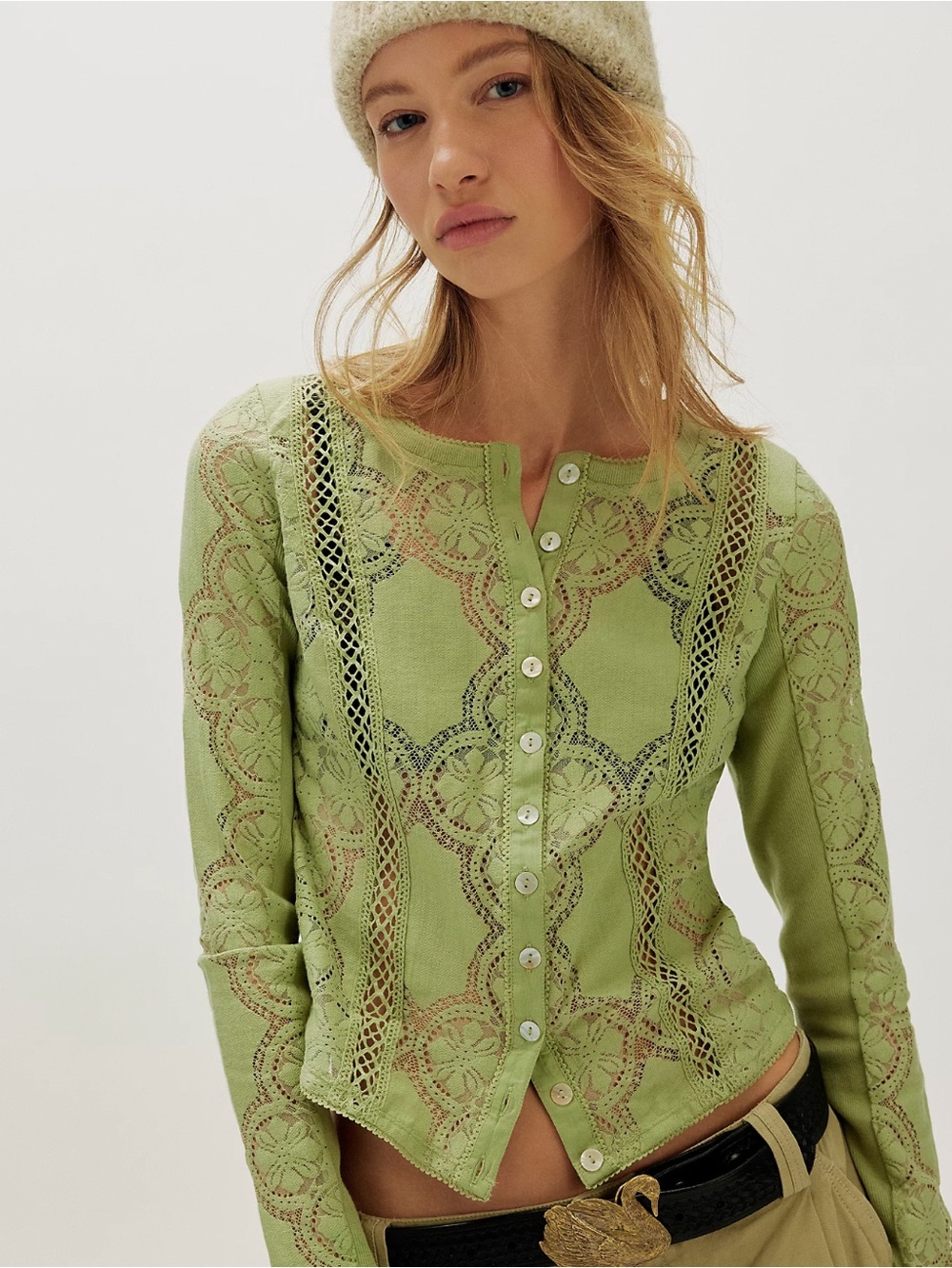 NWT FREE PEOPLE Jae Sheer Lace Knit Long Sleeve Top | Soft Moss MSRP $78